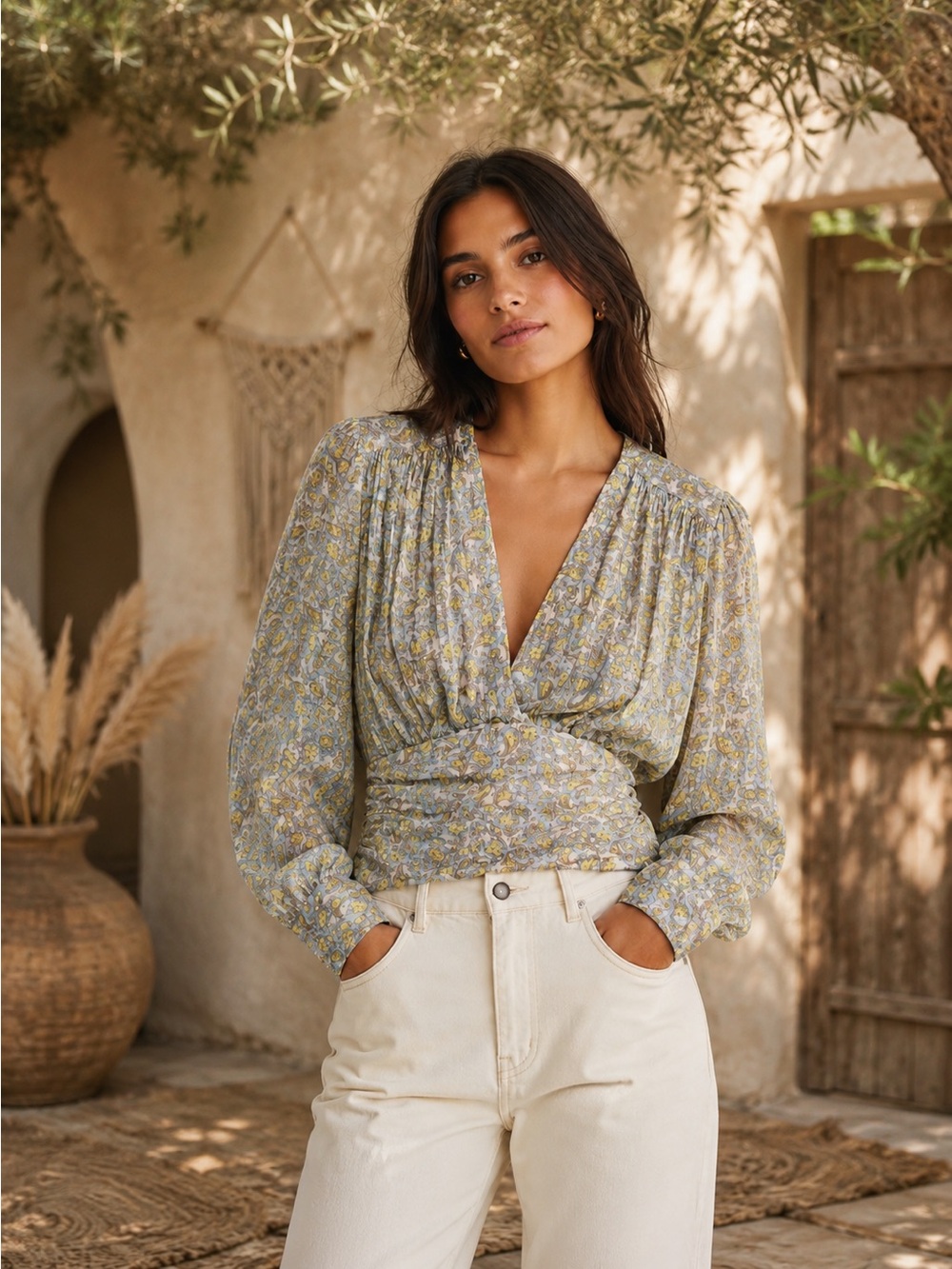 ZARA XS Boho Blue & Yellow Floral Blouse